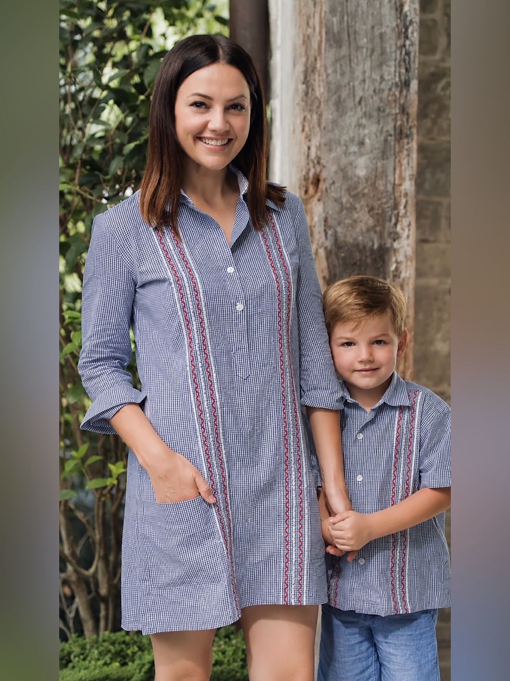San Cristobal Guayabera Shirt Dress in Blue & White Gingham, Size XXL